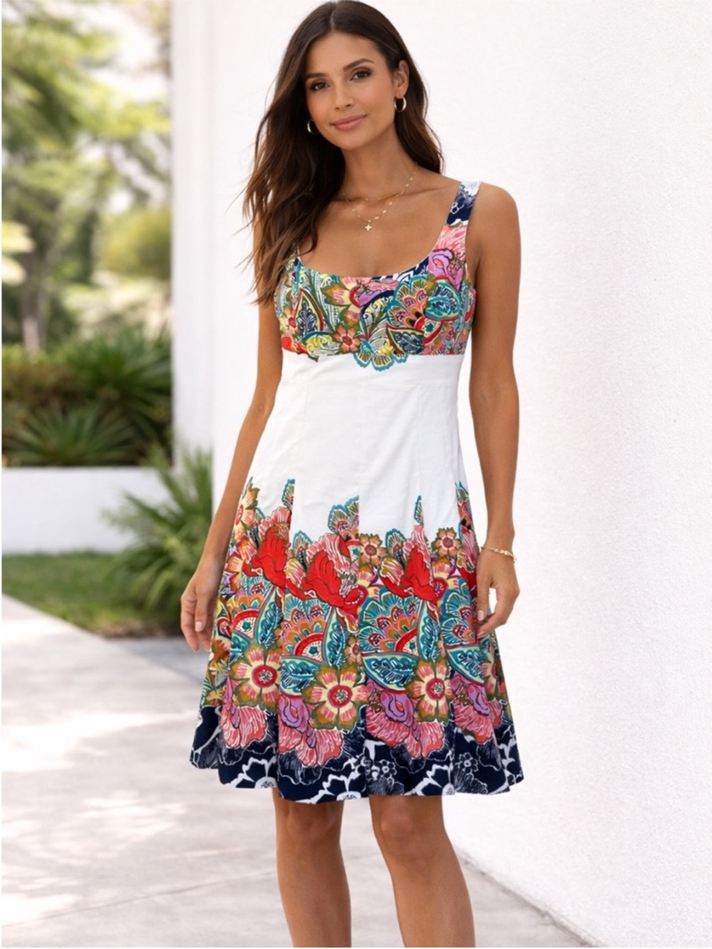Nine West White Floral Border Print Fit & Flare Sundress Boho Cottagecore Size 4